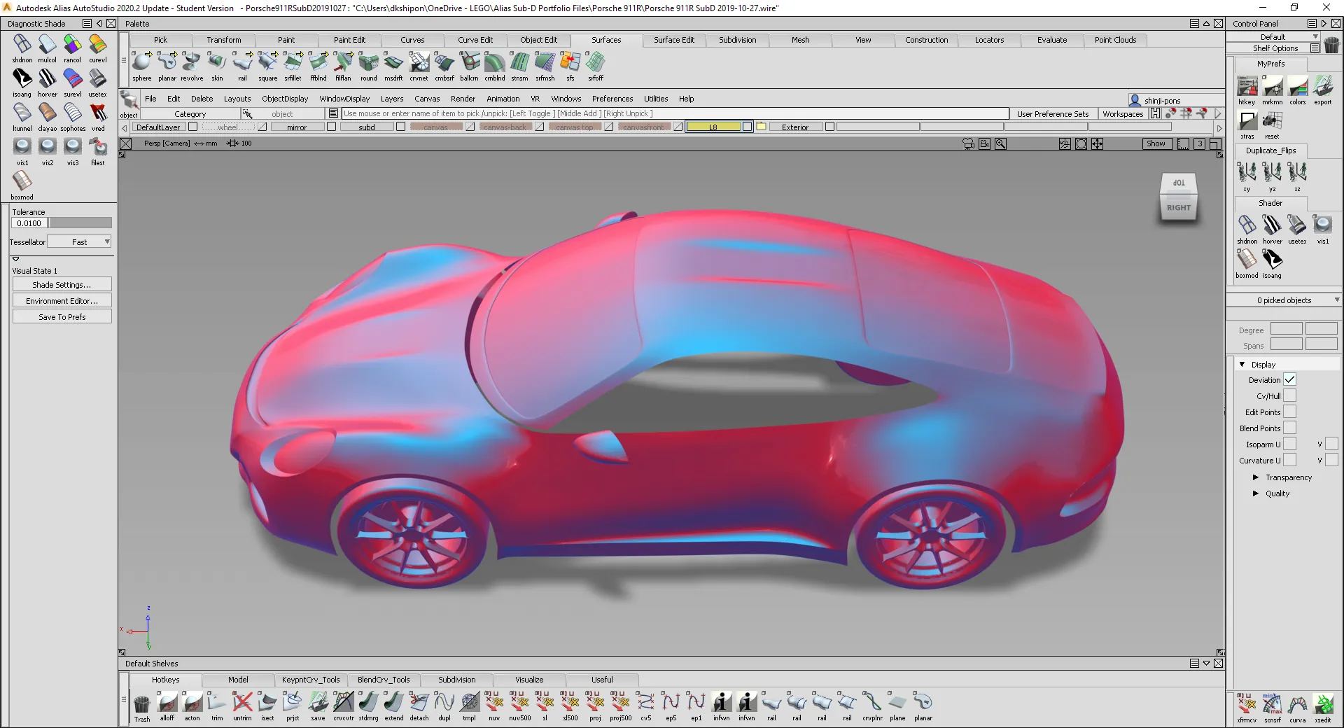 Autodesk Alias AutoStudio with a Porsche 911 subdivision model seen from the side, shaded in red and blue diagnostic colours