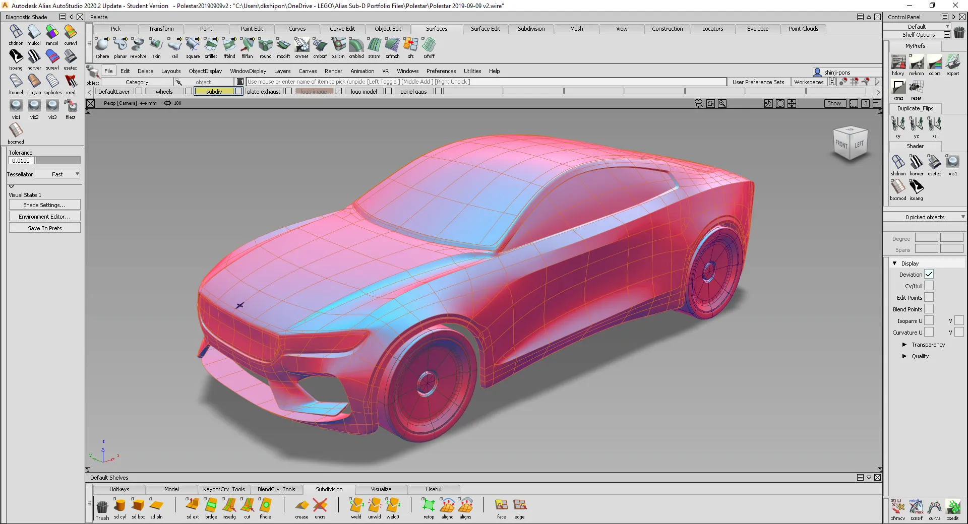 Polestar-style coupe modelled in Alias with the subdivision cage drawn over the diagnostic-shaded surface