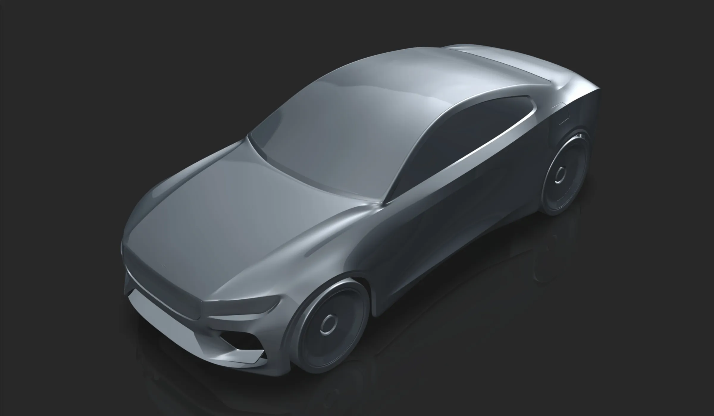 Grey studio render of a sleek coupe on a dark background