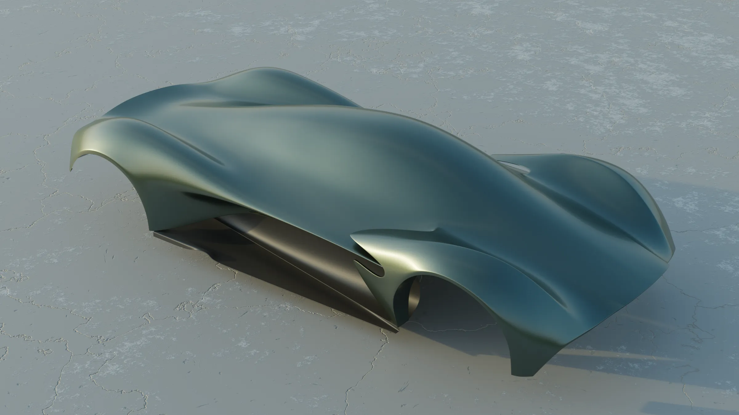 Render of a green sculpted car body with flowing surfaces on a pale cracked ground