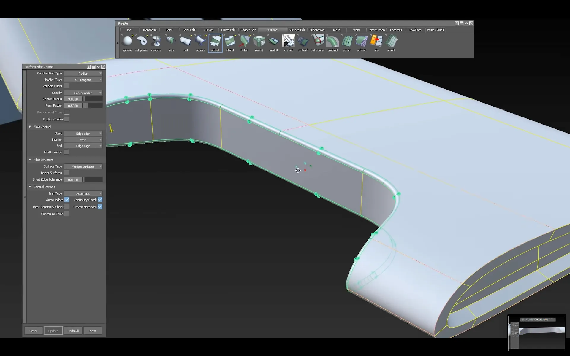 Alias Surface Fillet Control window next to a rounded-edge surface with green control points on a dark background