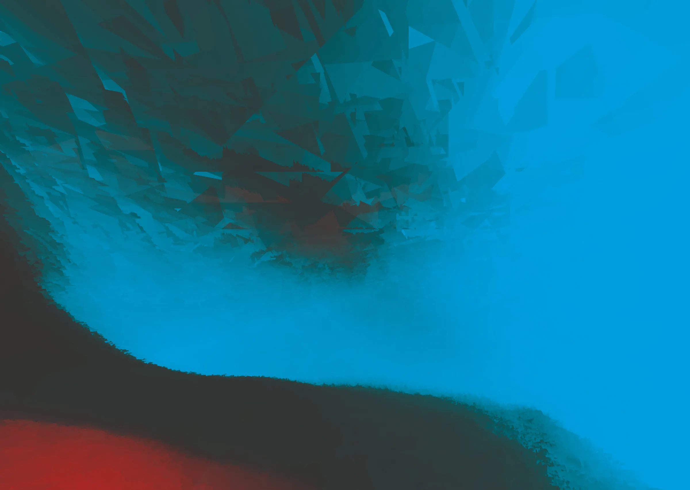 Abstract render of angular teal and blue shards dissolving into a hazy blue field, with a dark curved ridge and a patch of red in the corner