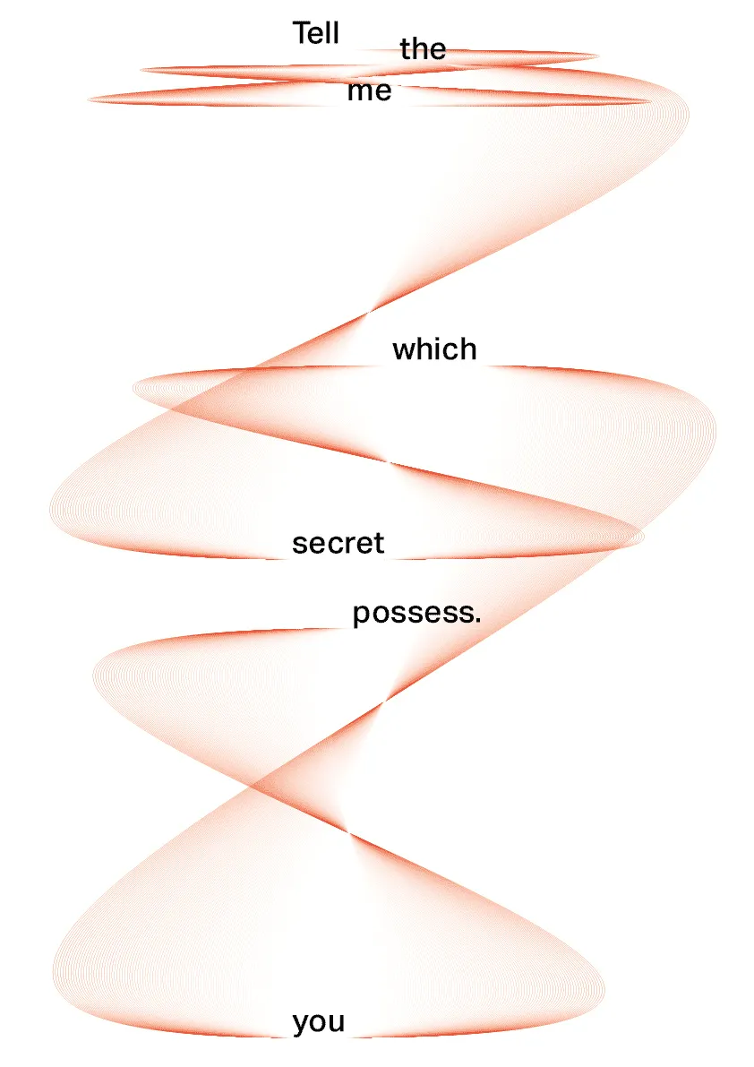 Poster of the words 'Tell me the secret which you possess.' scattered along looping orange line-art ribbons on white