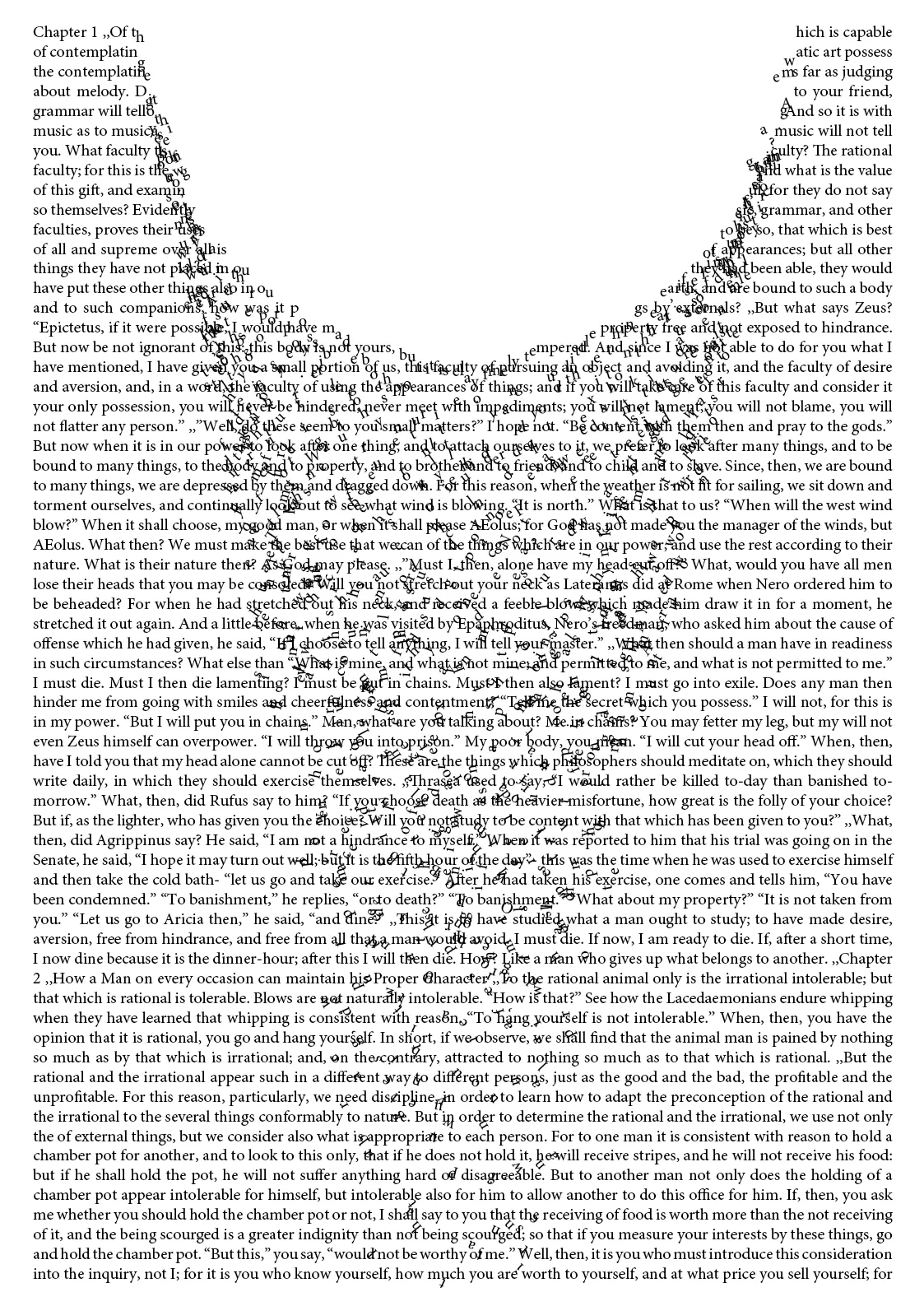 Page of dense serif text from Epictetus with a stream of individual letters scattered along a U-shaped curve across it