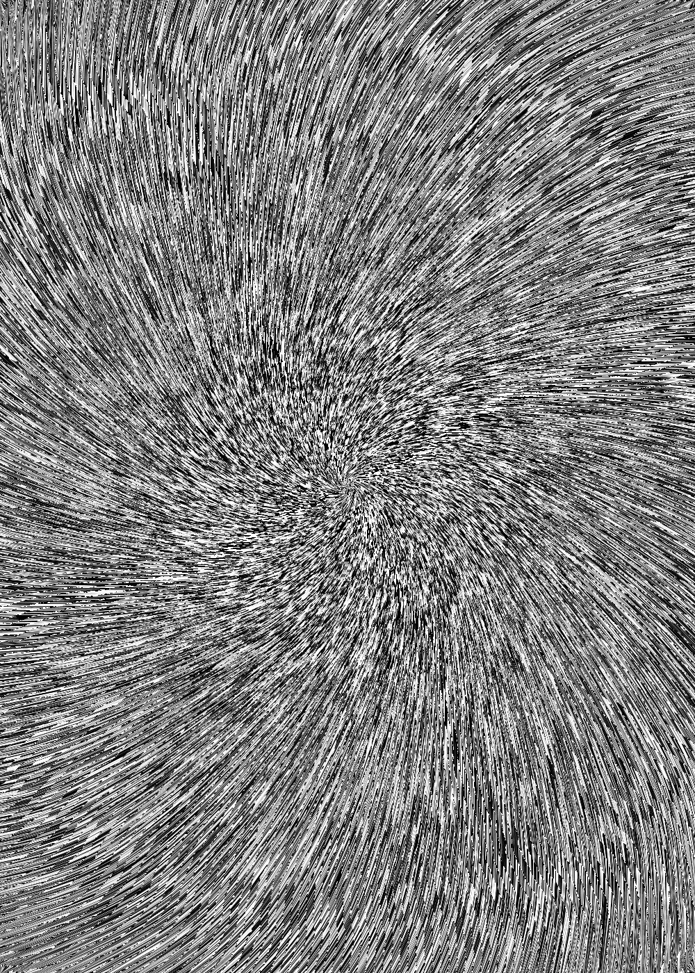 Dense black-and-white texture of fine streaks spiralling around a central point