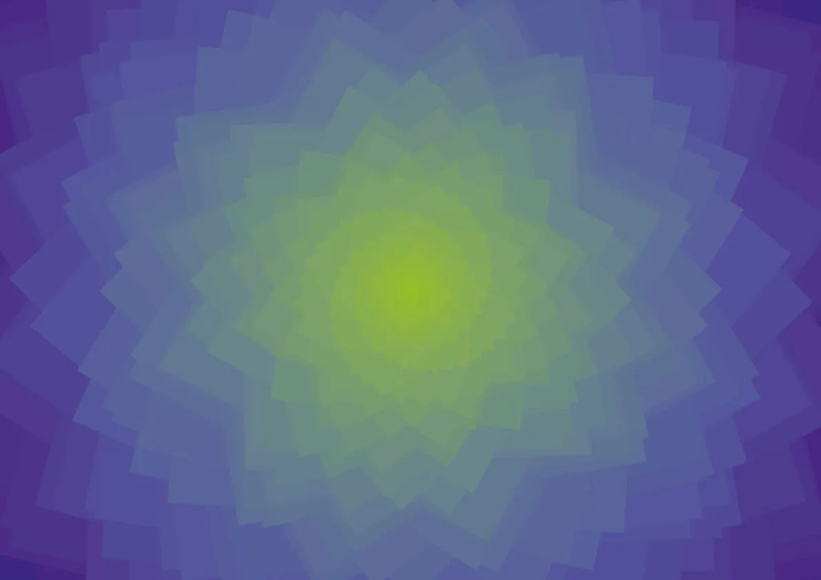 Overlapping rotated translucent squares forming a star-like flower, from yellow-green at the centre to purple at the edges