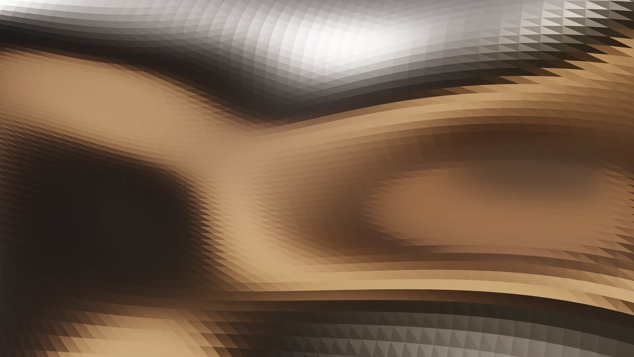 Close-up of a rippling surface tessellated into small triangles, shaded from bronze and dark brown to bright silver