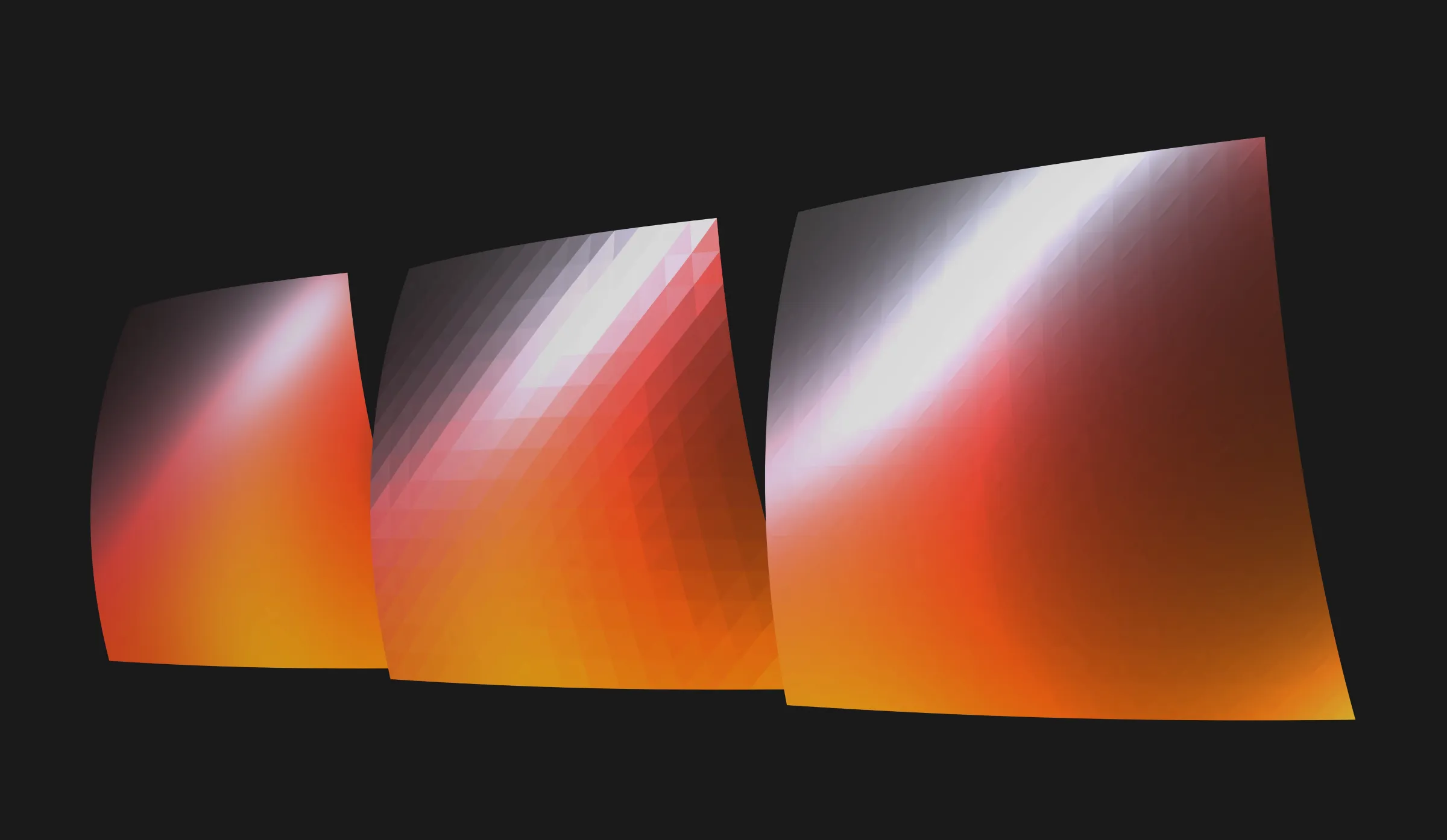 Three curved surfaces in a row shaded from orange to white and dark red, with progressively finer triangle tessellation, on black