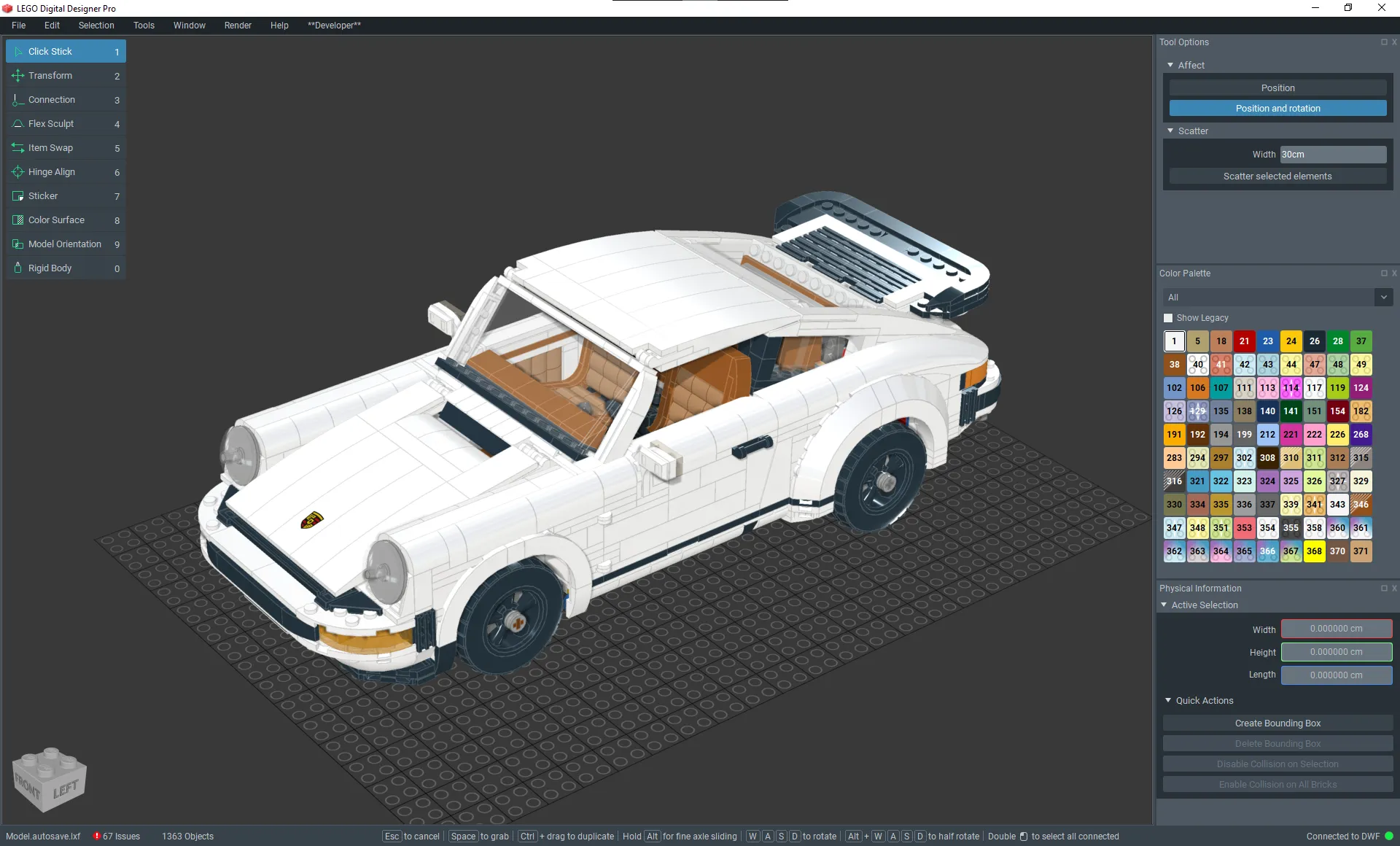 LEGO Digital Designer Pro editor showing a white LEGO Porsche 911 Turbo model, with the Click Stick, Transform and other tools on the left, a colour palette and tool options on the right