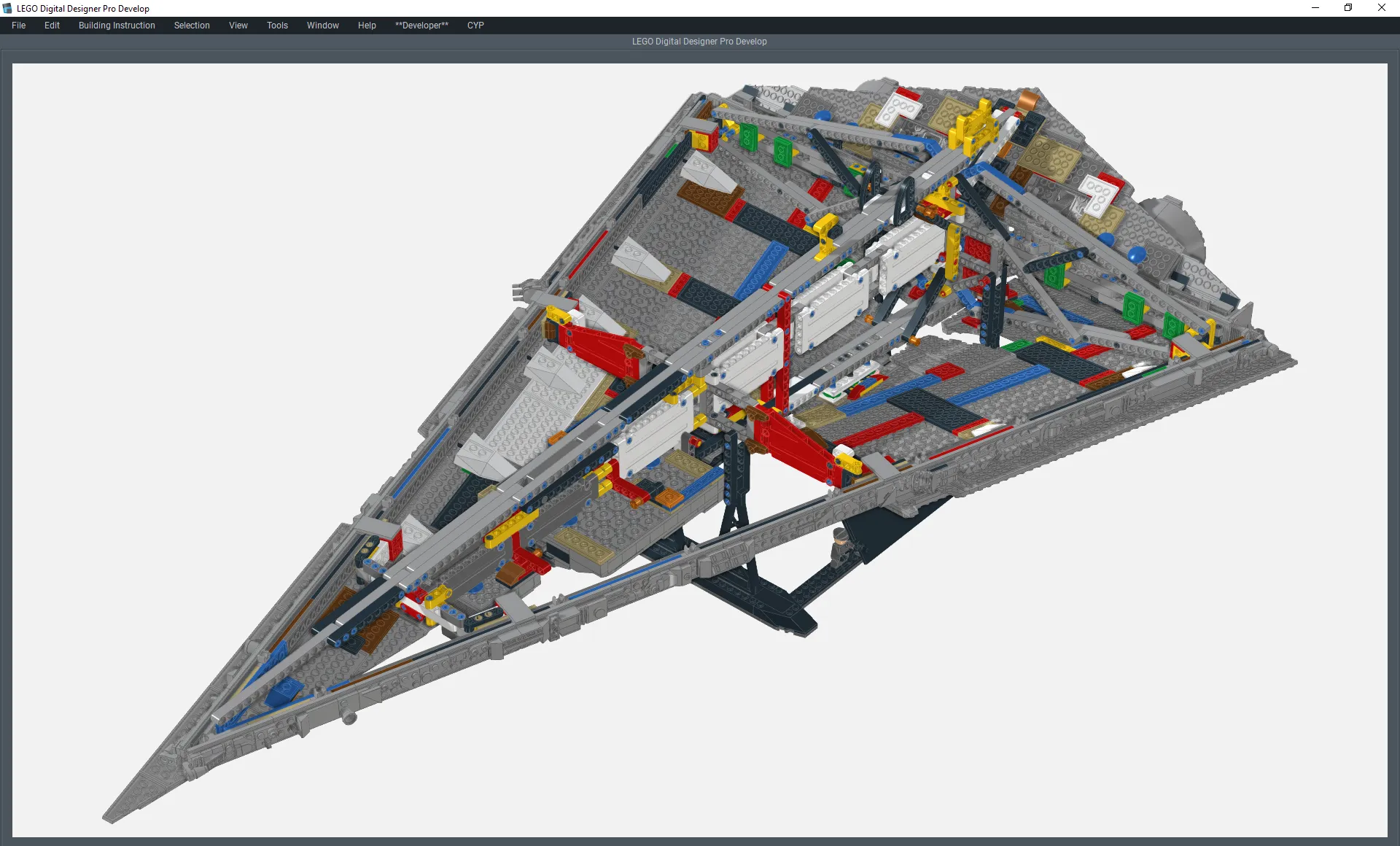 Underside view of a large grey LEGO Star Destroyer model in LEGO Digital Designer Pro, showing its internal red, white, blue and yellow structure