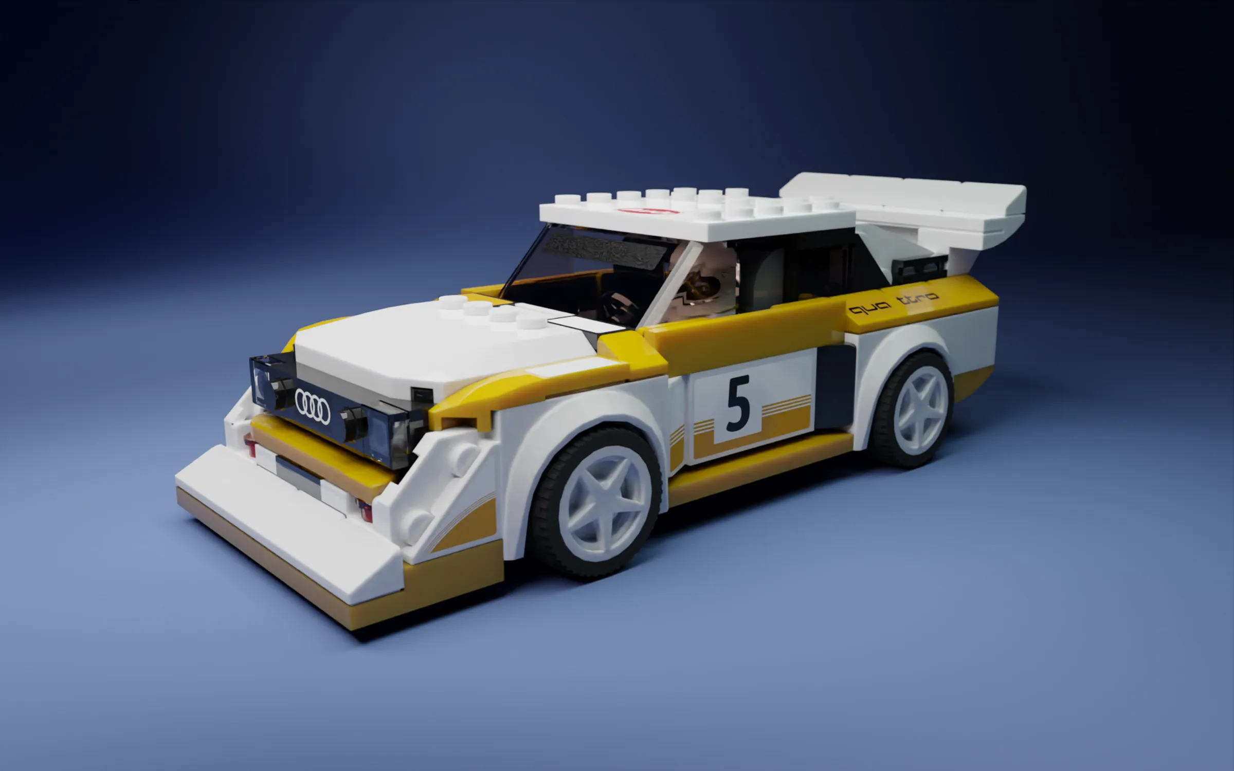 Render of a white and yellow LEGO Speed Champions rally car with the number 5, on a blue studio background