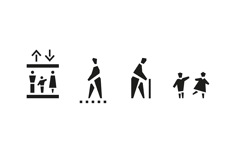 Black pictograms of an elevator with passengers, a walking person, a person with a cane and two children, on white