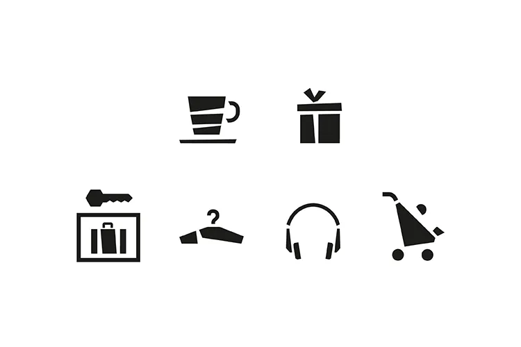 Black pictograms of a cafe cup, gift, cloakroom, coat hanger, headphones and stroller, on white