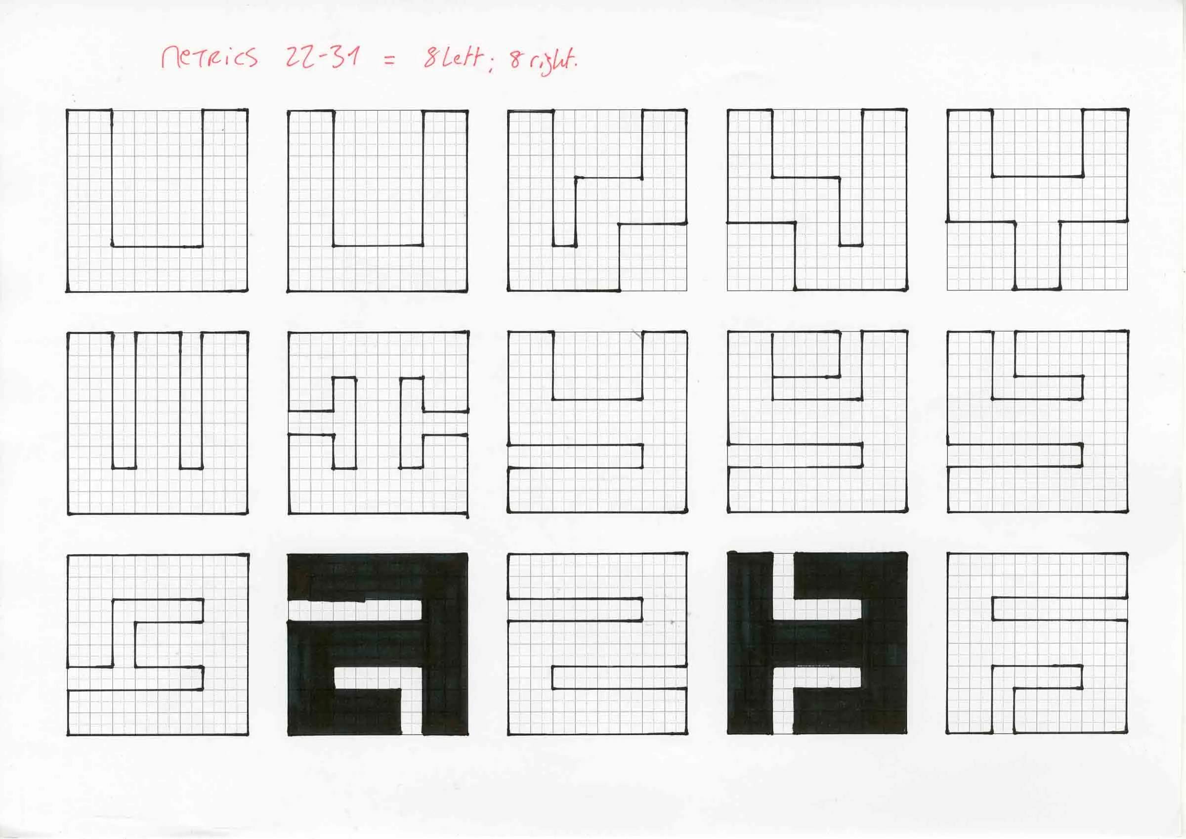 Scan of a hand-drawn sheet of fifteen Modulo glyph sketches on square grid paper, headed 'metrics 22-31 = 8 left, 8 right', some glyphs filled in with black marker