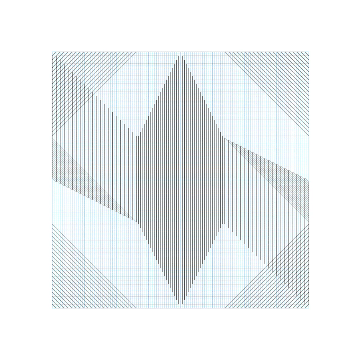 Fine dark line drawing of a Modulo glyph made of nested rectangular and diagonal strokes, over a pale blue grid