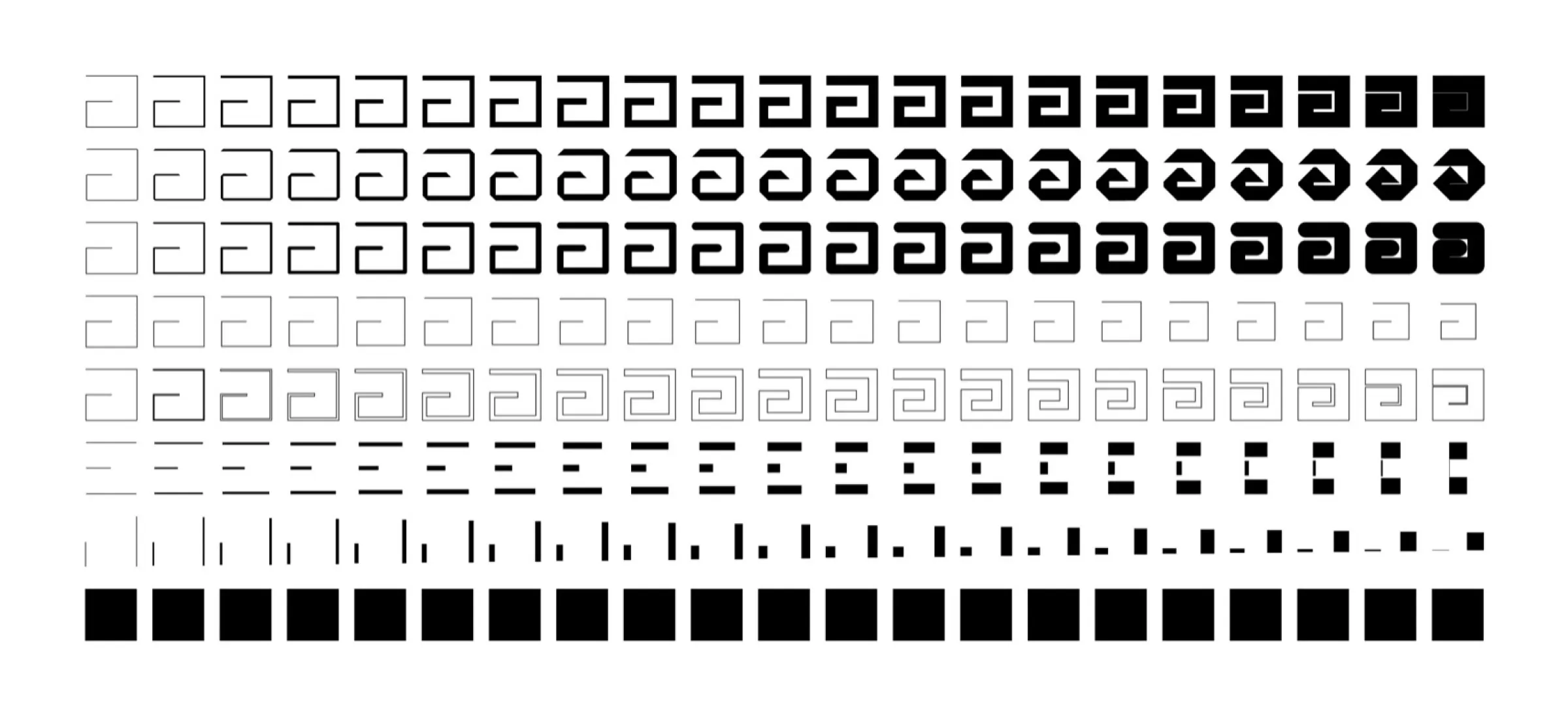 Grid of 168 Modulo 'a' glyphs, eight rows of 21 weights each, from hairline to solid black and from outlined to chamfered, rounded, striped and block forms