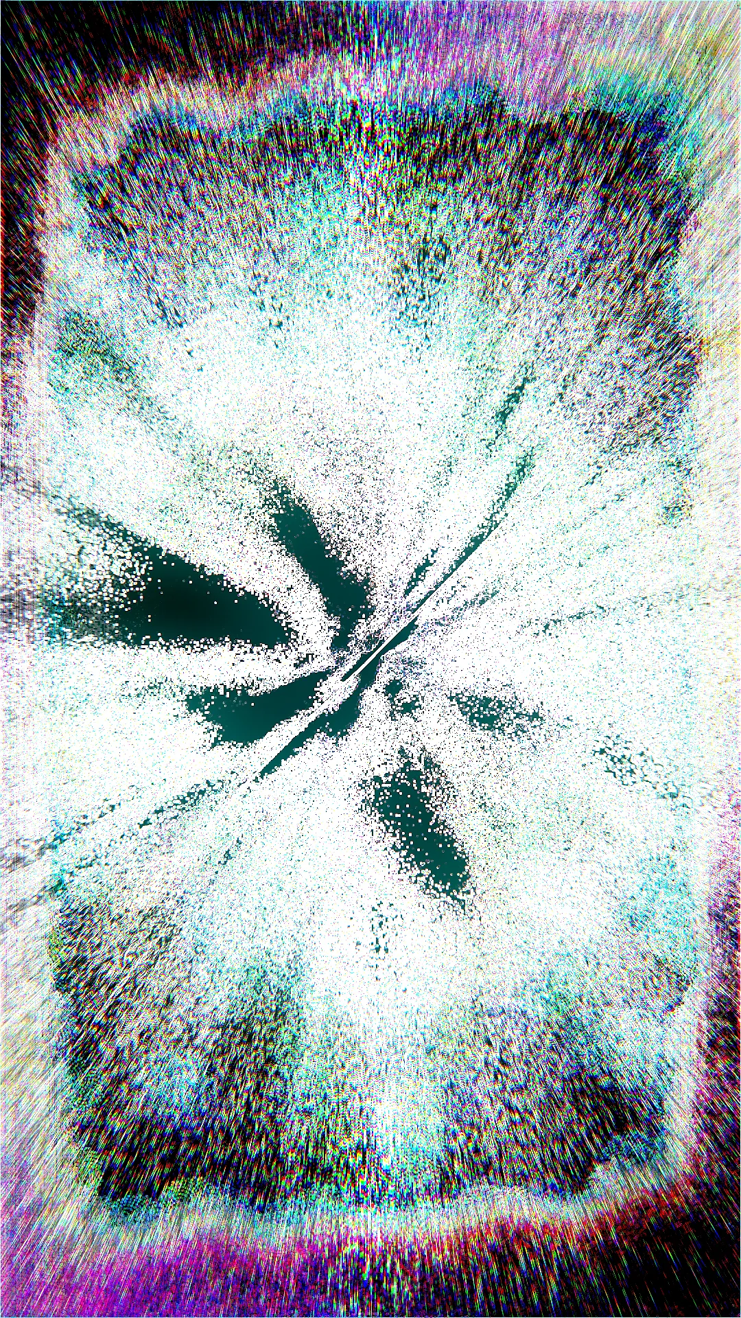 Vertical abstract image of a white starburst of noise and pixel dust with dark teal petals radiating from the centre, framed by a rainbow glitch border