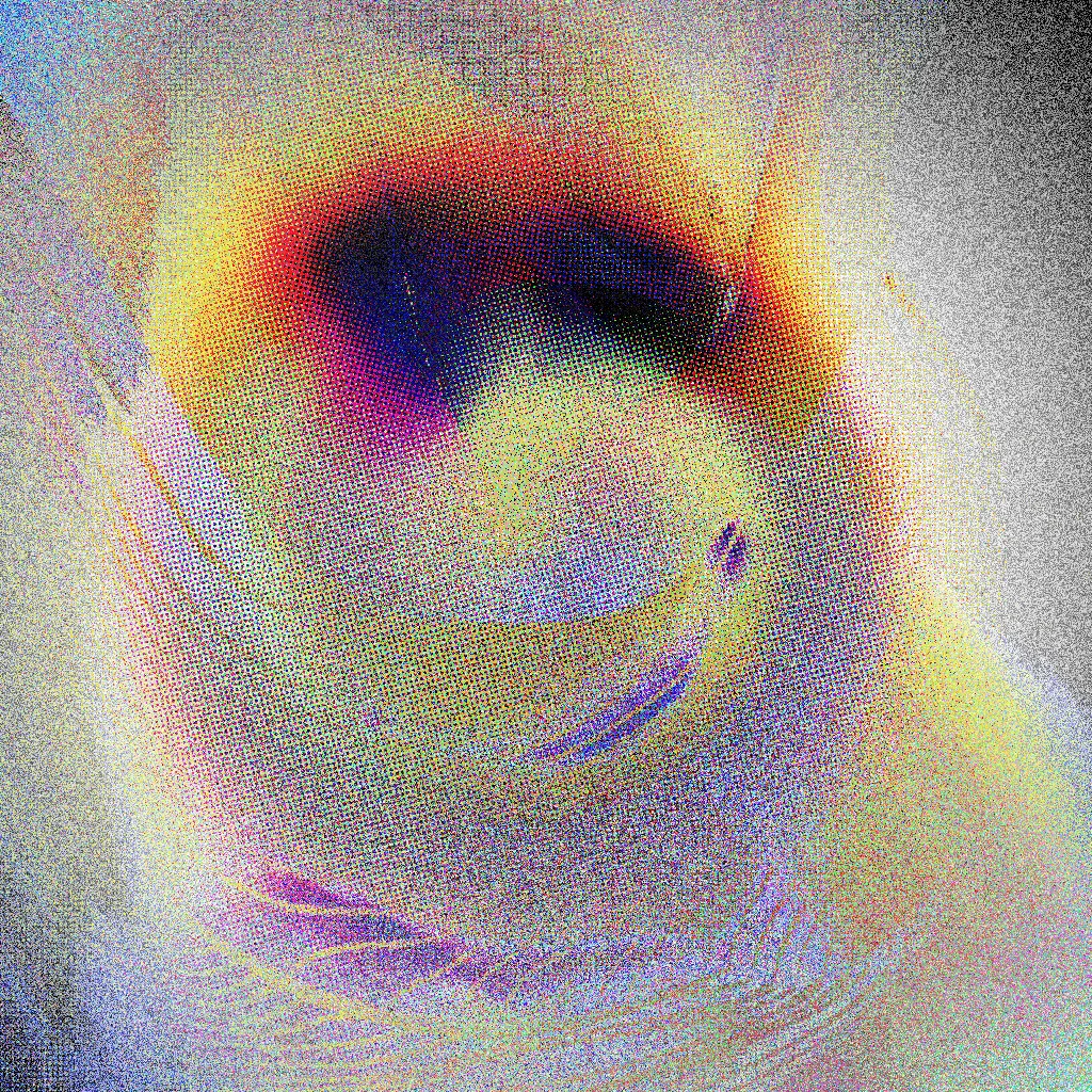 Square, grainy halftone image in yellow, magenta and deep blue, like a warped face with a dark eye socket, over a speckled grey background