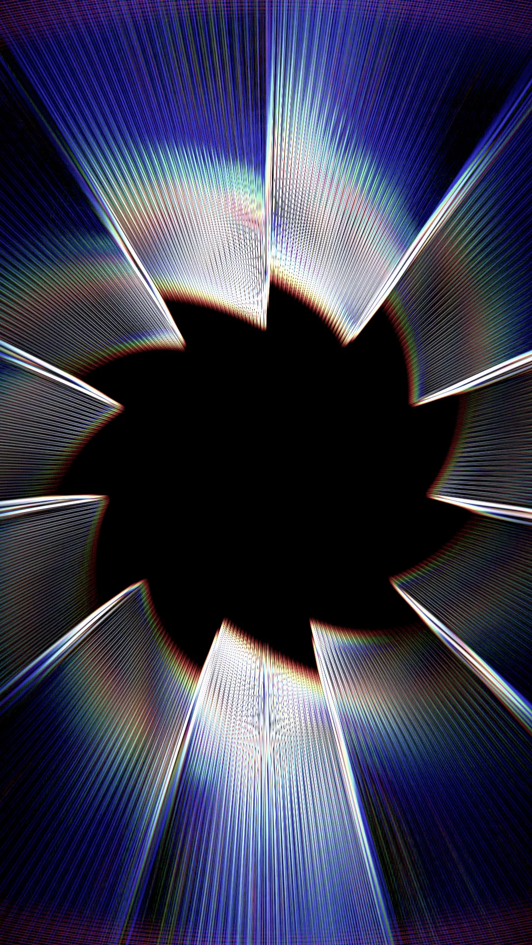 Vertical image of a black hole-like void with blue and white light rays streaming out of it in sharp wedges and rainbow edges