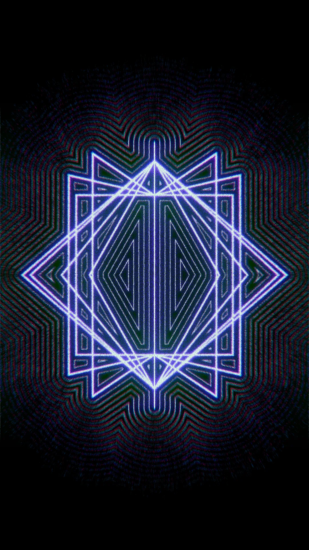 Vertical image of the same glowing violet geometric star and rippling outlines, on a black background