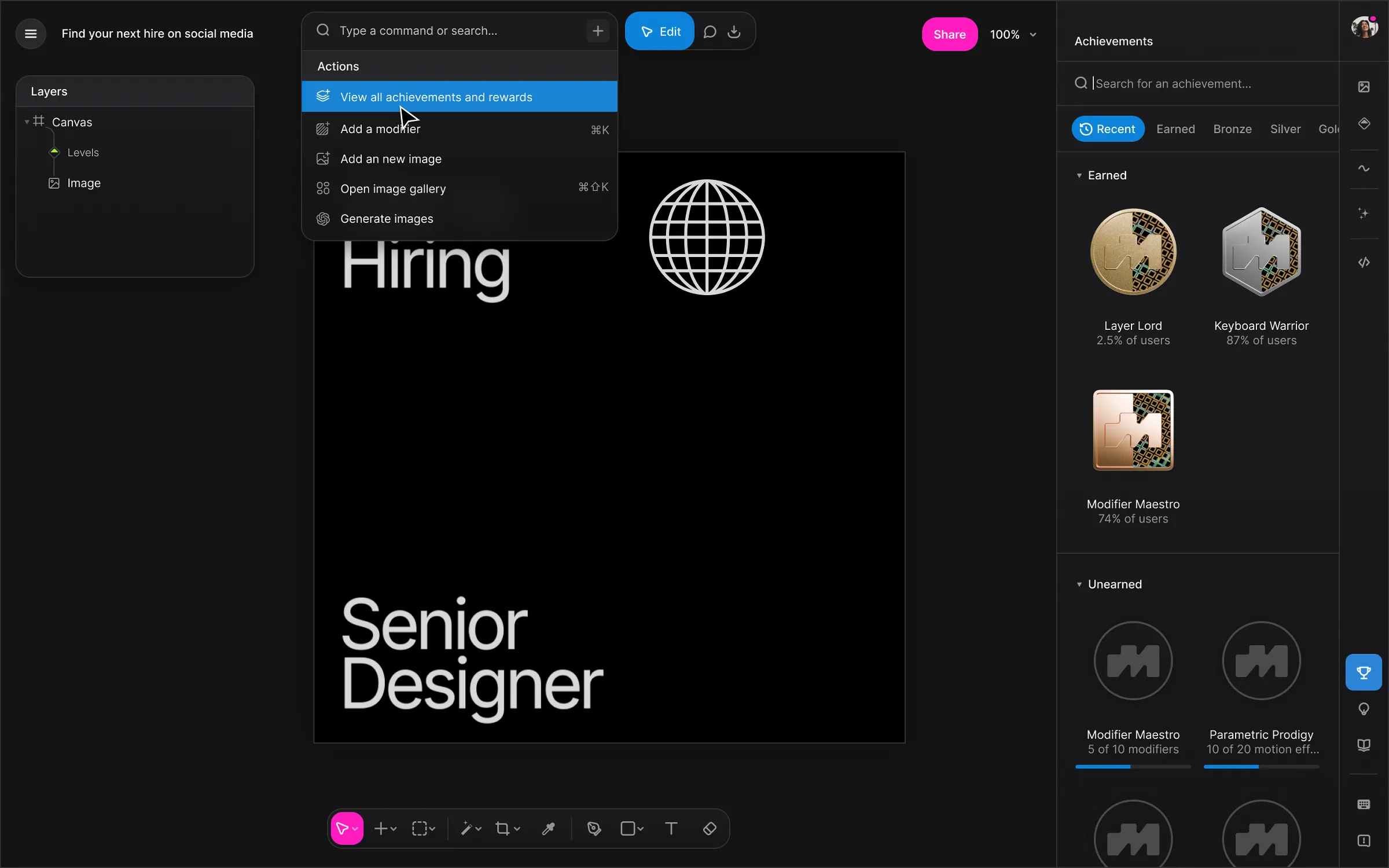 Modyfi editor on a dark canvas with a 'We're Hiring, Senior Designer' graphic, a command palette open over it, a Layers panel on the left and an Achievements panel with earned badges Layer Lord, Keyboard Warrior and Modifier Maestro on the right
