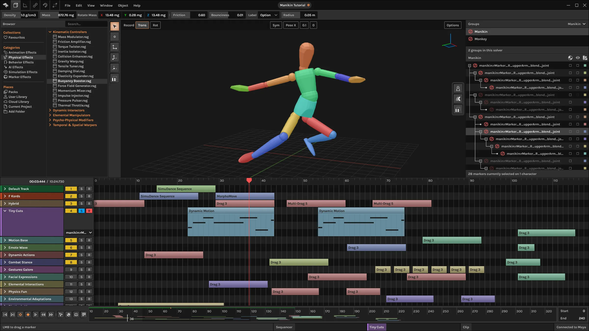 Ragdoll in Maya with a colorful wooden mannequin posed mid-dance above a timeline of motion clips and effect tracks