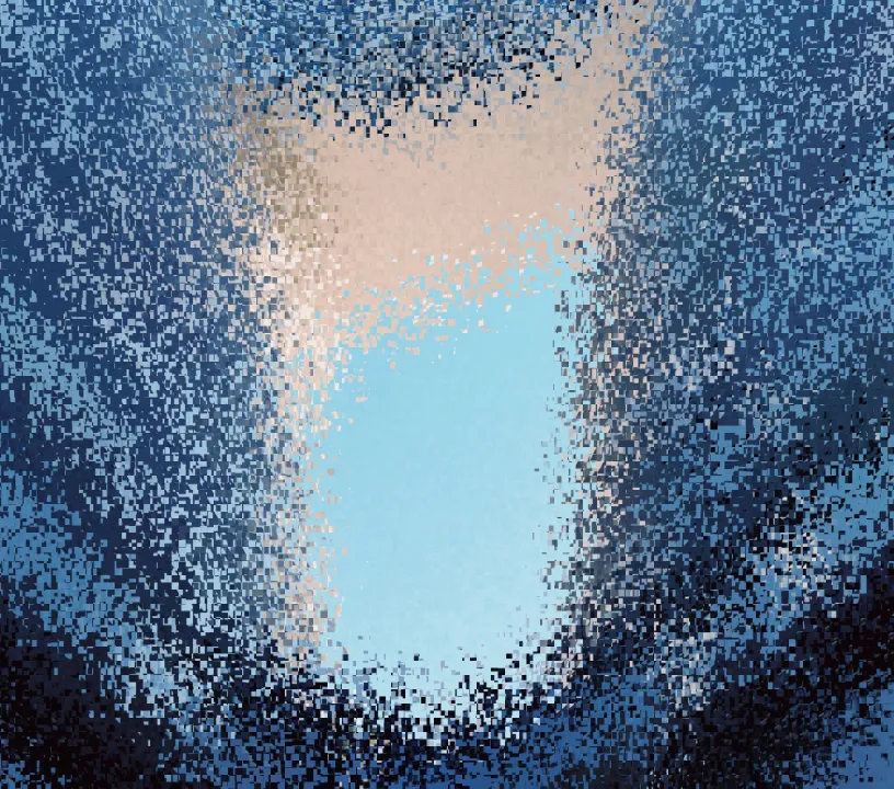 An abstract image in blue and peach tones broken up into a grain of small shifted tiles