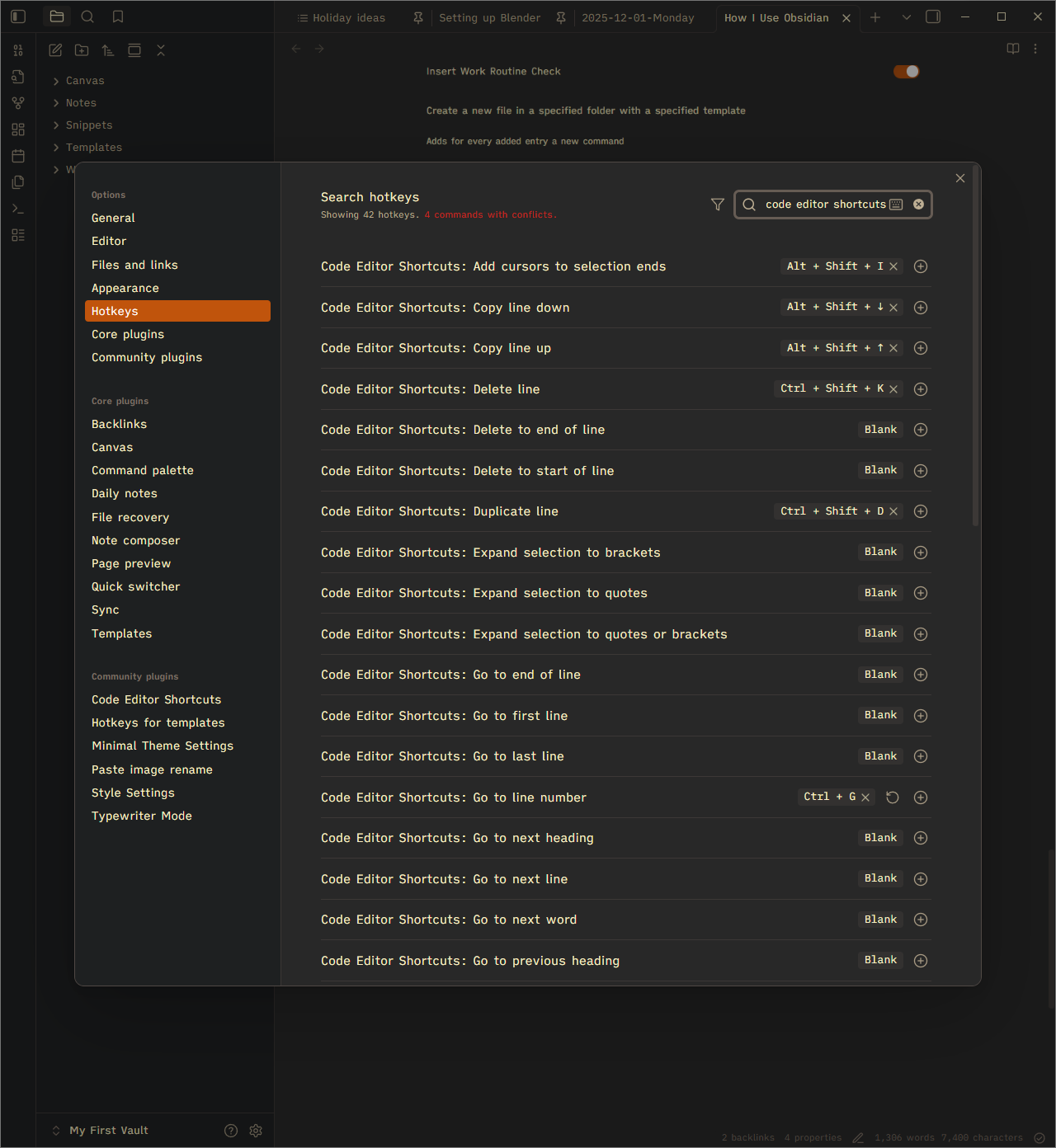 Code Editor Shortcuts settings